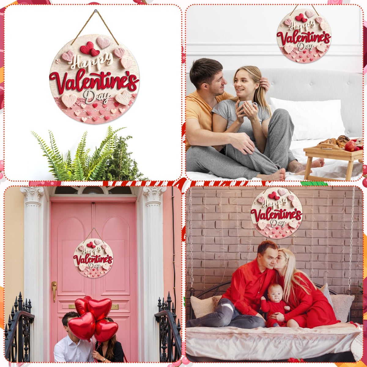 Happy Valentine's Day Welcome Door Sign 2D Flat Valentine's Day Hanging Sign Valentine Wreaths for Front Door Red Pink Love Hearts Door Hanger