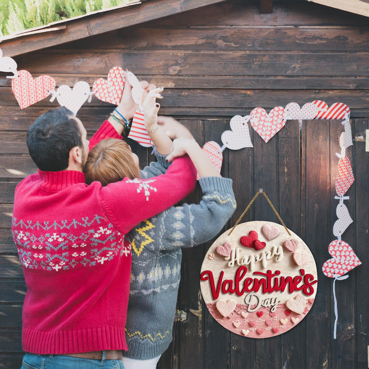 Happy Valentine's Day Welcome Door Sign 2D Flat Valentine's Day Hanging Sign Valentine Wreaths for Front Door Red Pink Love Hearts Door Hanger