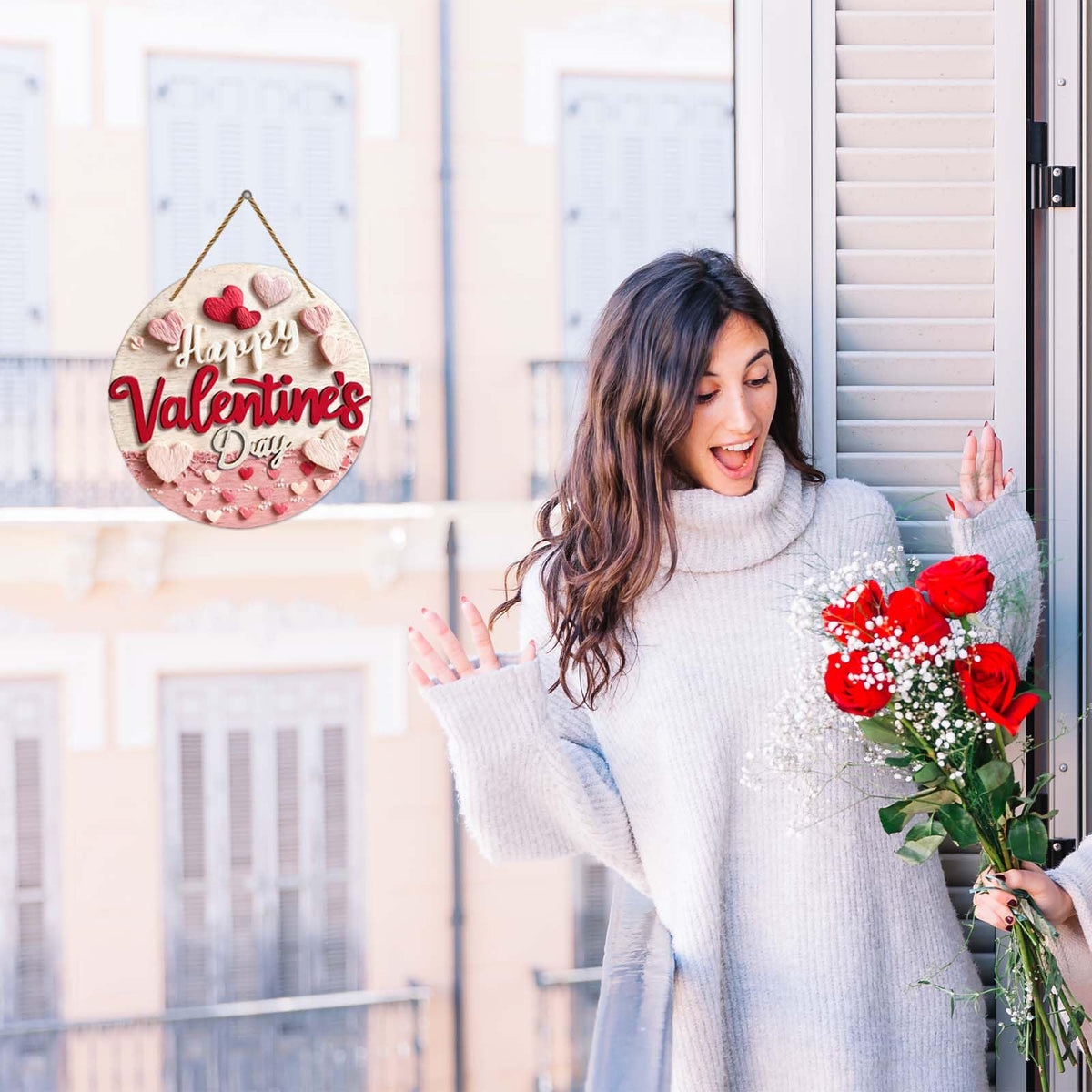 Happy Valentine's Day Welcome Door Sign 2D Flat Valentine's Day Hanging Sign Valentine Wreaths for Front Door Red Pink Love Hearts Door Hanger