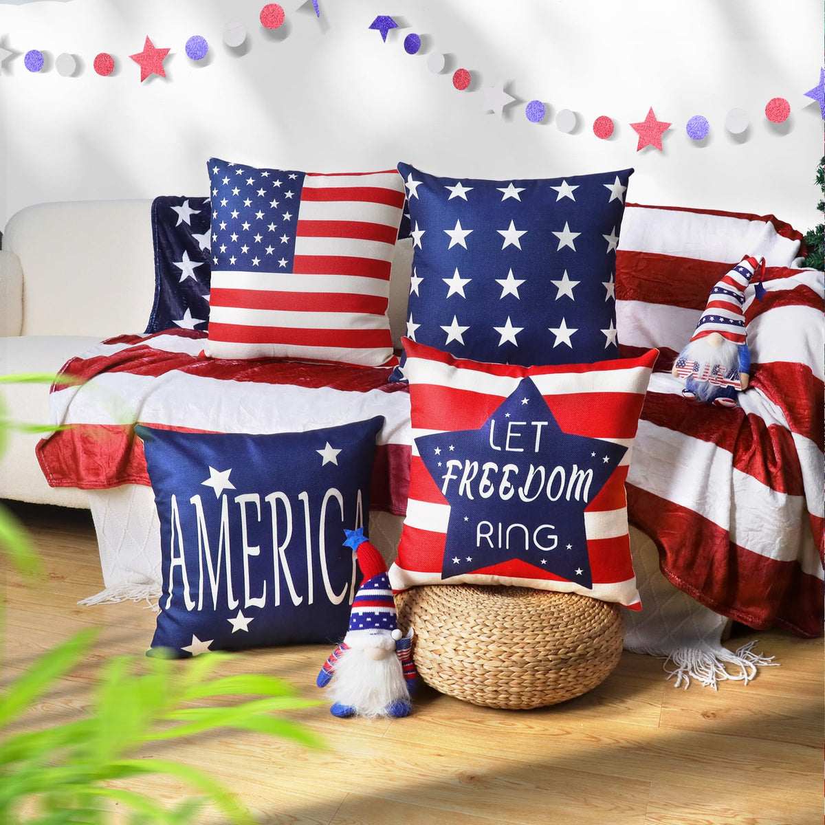 4th of July Throw Pillow Covers 18x18in Set of 4,Patriotic Pillow Case for Independence Day