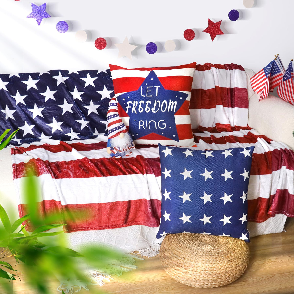 4th of July Throw Pillow Covers 18x18in Set of 4,Patriotic Pillow Case for Independence Day