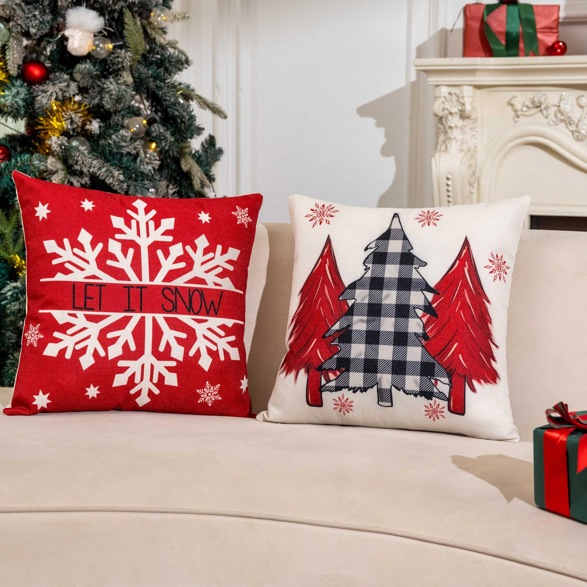 Velvet Red Christmas Decorations-Throw Pillow Covers 18x18 in Set of 4,Decorative Joy Snowflake
