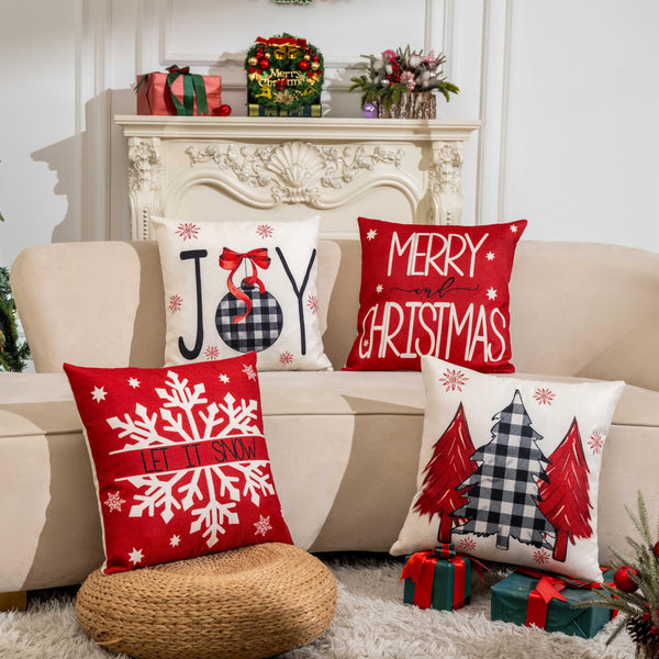 Velvet Red Christmas Decorations-Throw Pillow Covers 18x18 in Set of 4,Decorative Joy Snowflake
