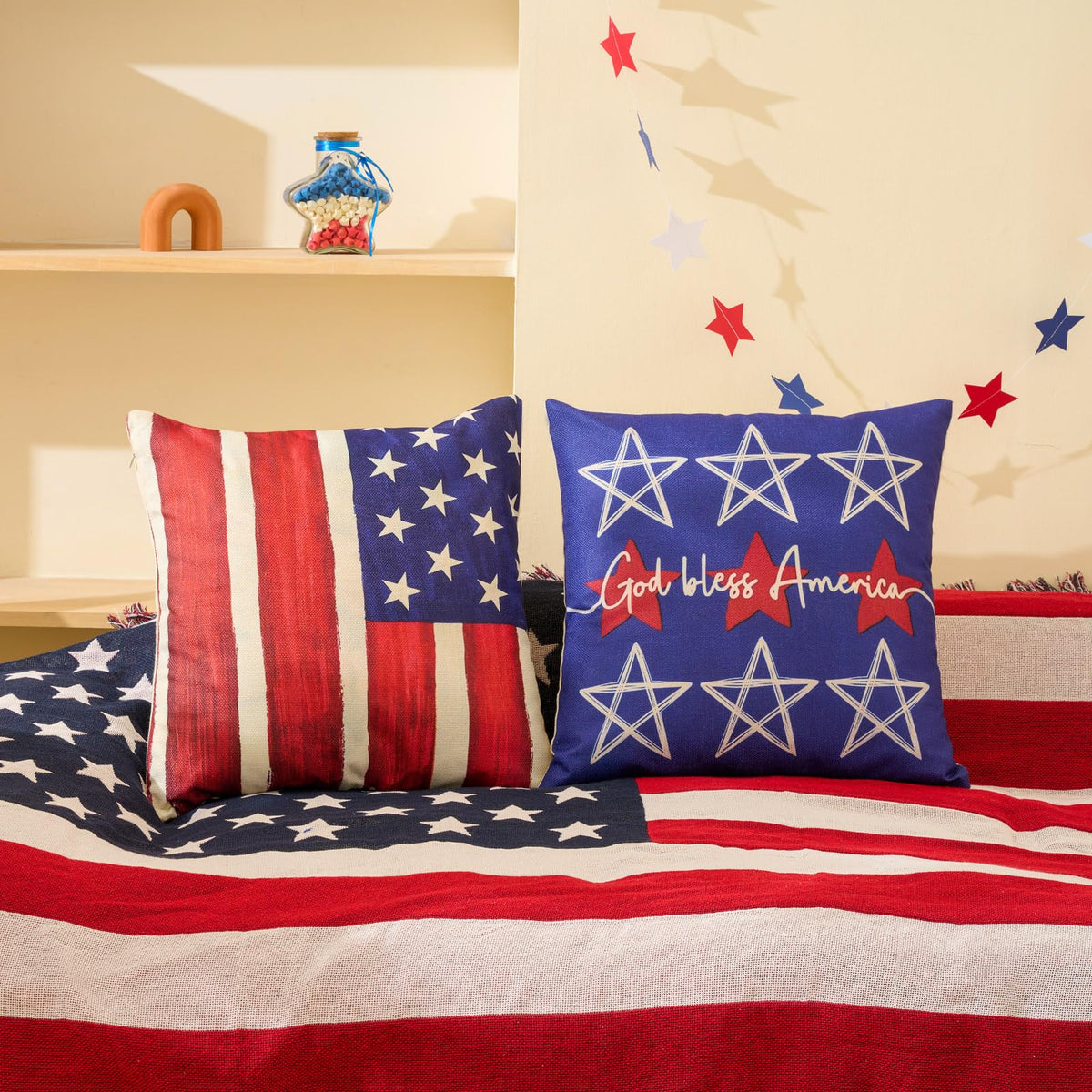 Patriotic Decor-Throw Pillow Covers 18x18 in Set of 4,4th of July Linen Pillow Case for Independence Day