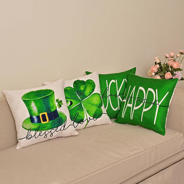 St Patricks Day Decor-Throw Pillow Covers 18x18 in Set of 4,Shamrock Linen Pillow Case with Green Hat Irish