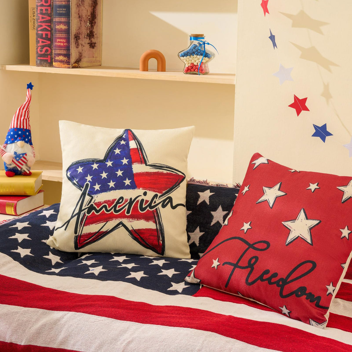 Patriotic Decor-Throw Pillow Covers 18x18 in Set of 4,4th of July Linen Pillow Case for Independence Day