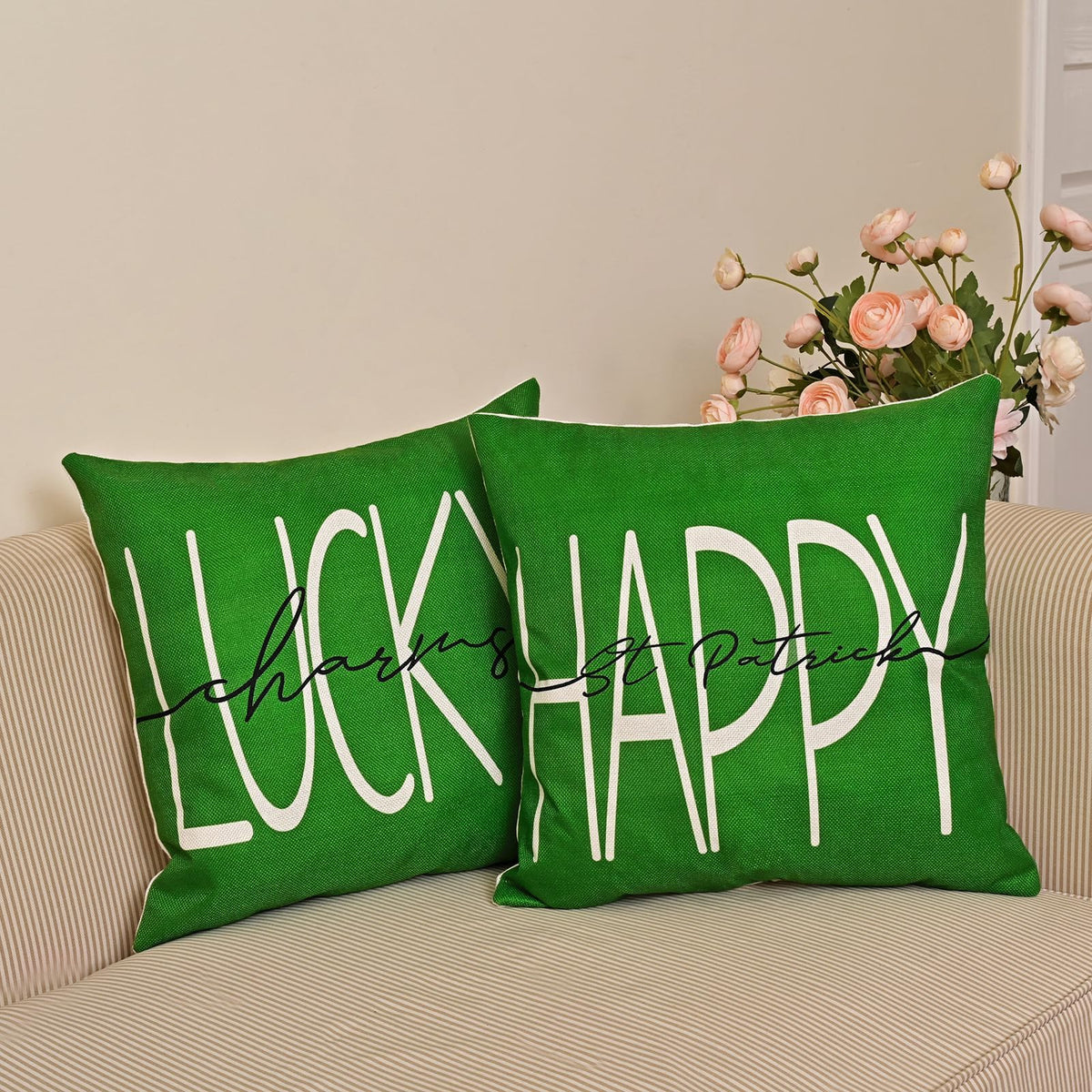 St Patricks Day Decor-Throw Pillow Covers 18x18 in Set of 4,Shamrock Linen Pillow Case with Green Hat Irish