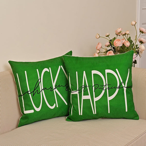 St Patricks Day Decor-Throw Pillow Covers 18x18 in Set of 4,Shamrock Linen Pillow Case with Green Hat Irish