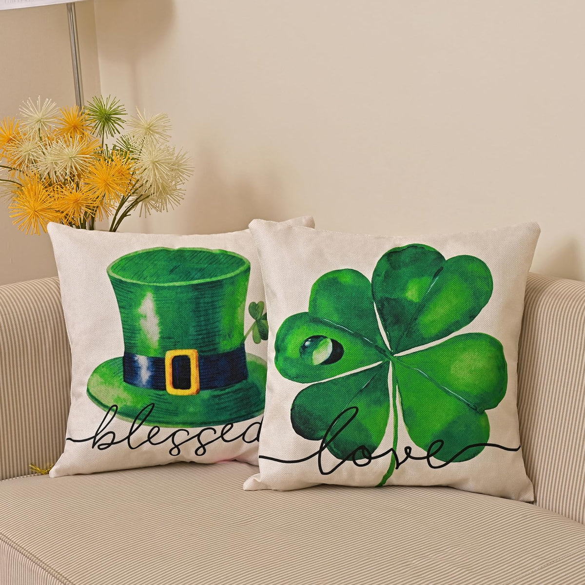 St Patricks Day Decor-Throw Pillow Covers 18x18 in Set of 4,Shamrock Linen Pillow Case with Green Hat Irish