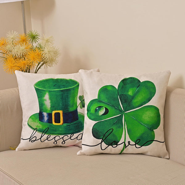 St Patricks Day Decor-Throw Pillow Covers 18x18 in Set of 4,Shamrock Linen Pillow Case with Green Hat Irish