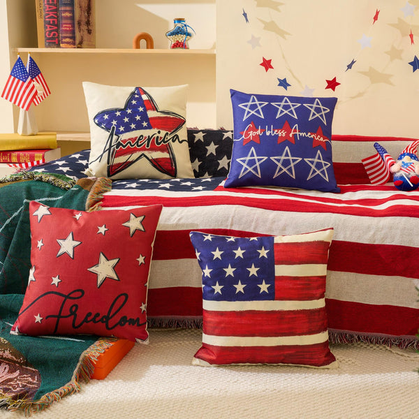 Patriotic Decor-Throw Pillow Covers 18x18 in Set of 4,4th of July Linen Pillow Case for Independence Day