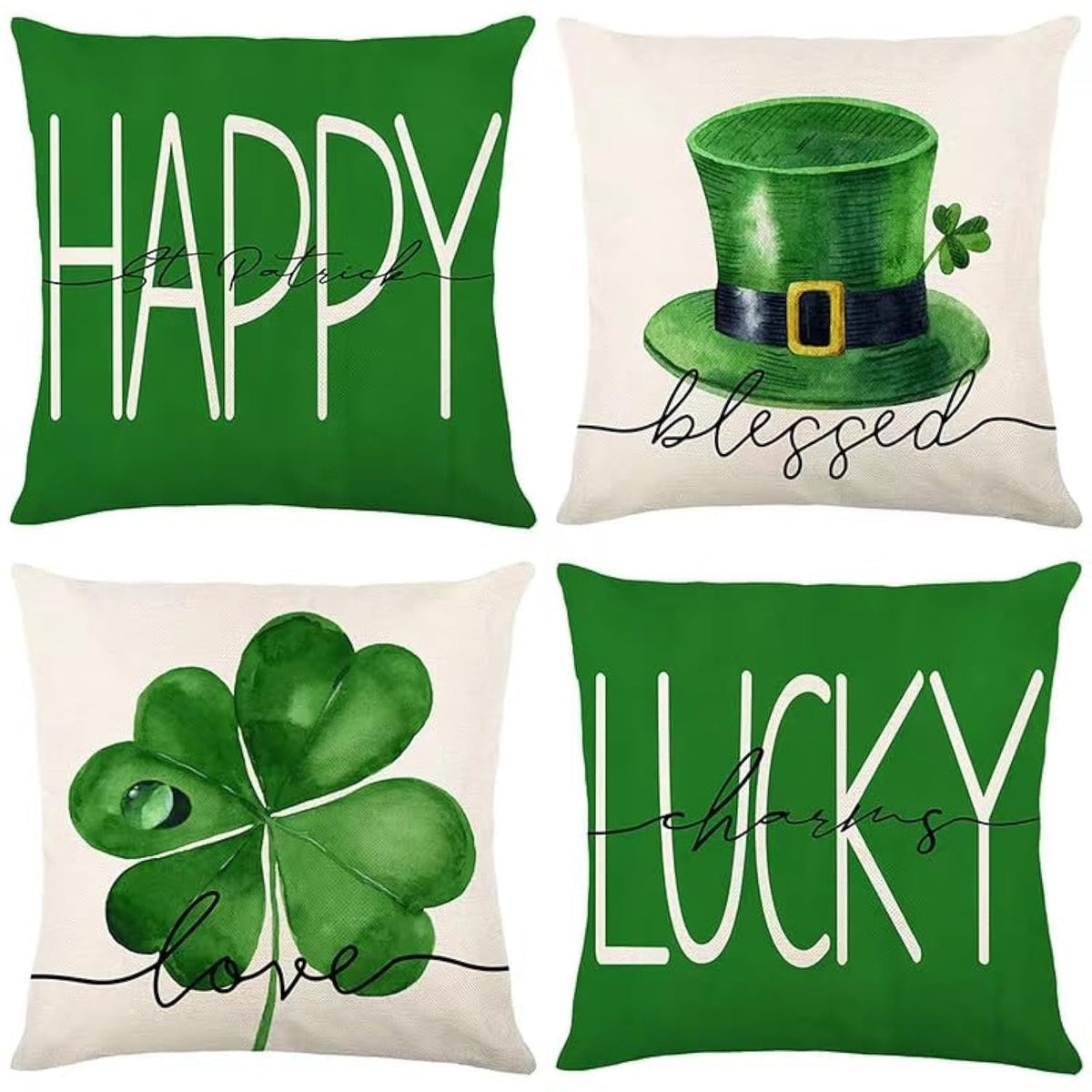 St Patricks Day Decor-Throw Pillow Covers 18x18 in Set of 4,Shamrock Linen Pillow Case with Green Hat Irish