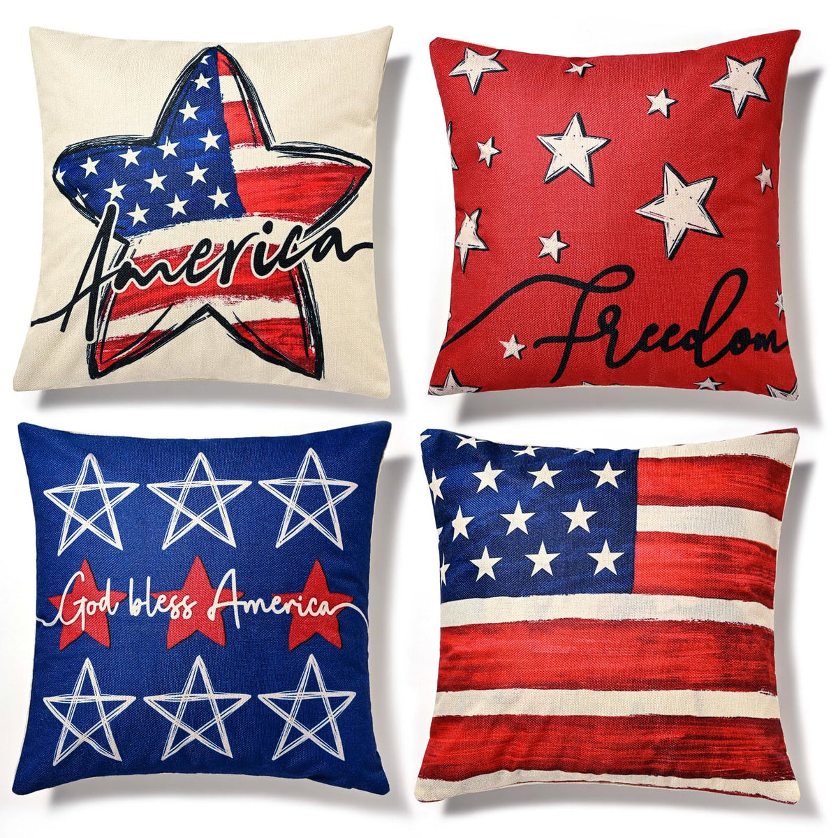 Patriotic Decor-Throw Pillow Covers 18x18 in Set of 4,4th of July Linen Pillow Case for Independence Day