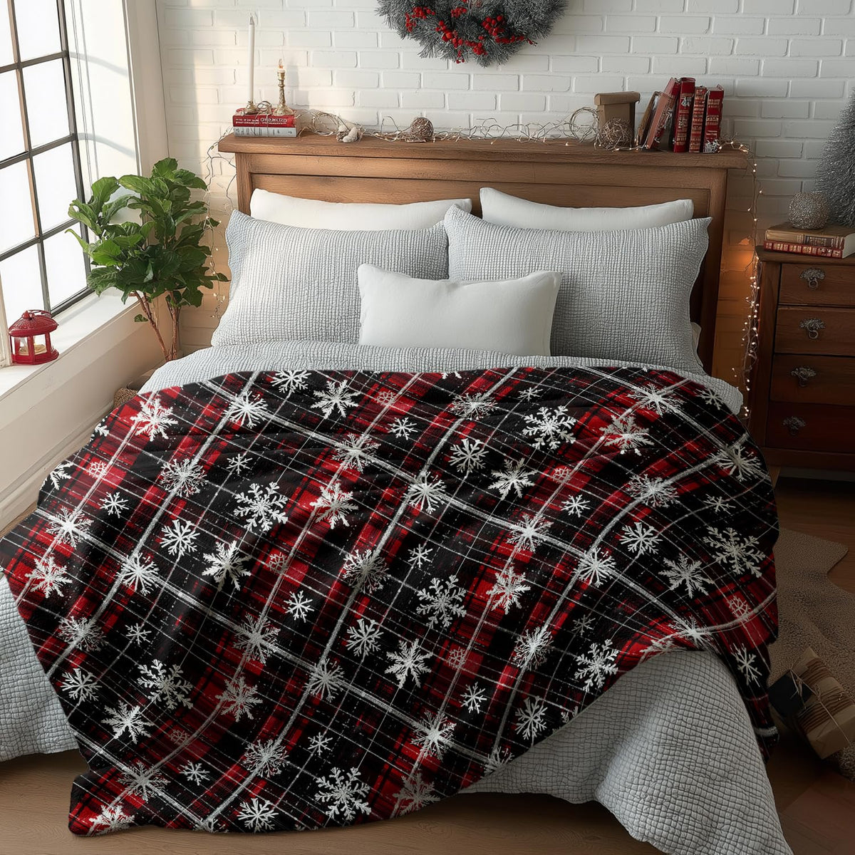 Christmas Flannel Blanket Throw, Black Red Buffalo Plaid Snowflake Soft Fuzzy Plush Cozy Fleece Blankets