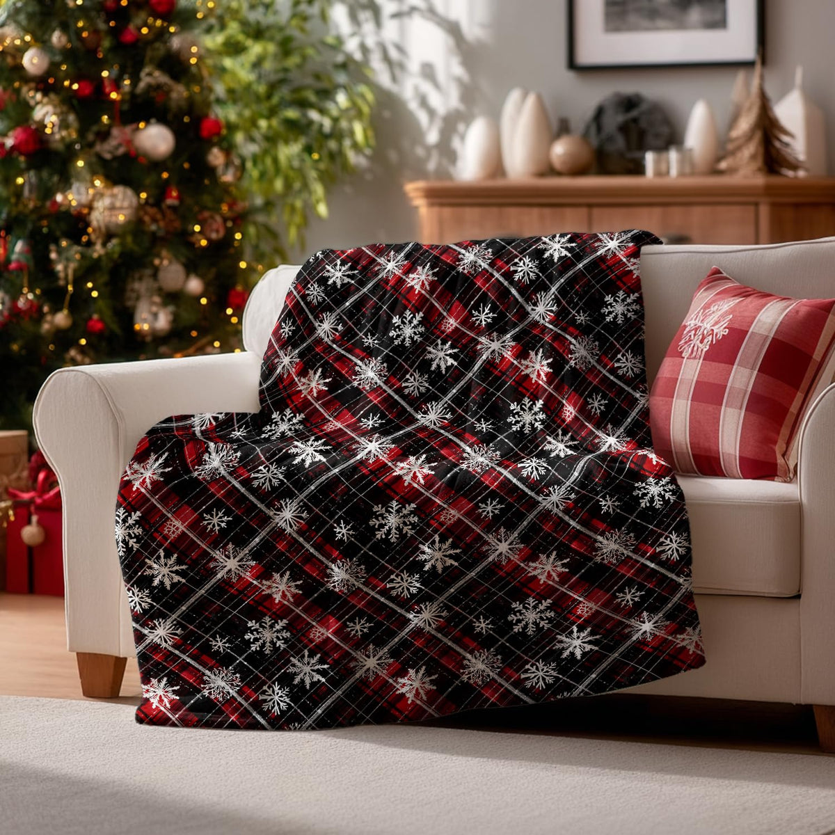 Christmas Flannel Blanket Throw, Black Red Buffalo Plaid Snowflake Soft Fuzzy Plush Cozy Fleece Blankets