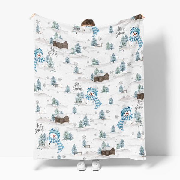 Christmas Flannel Blanket Throw, Blue Snowman Pine Snow Soft Fuzzy Plush Cozy Fleece Blankets