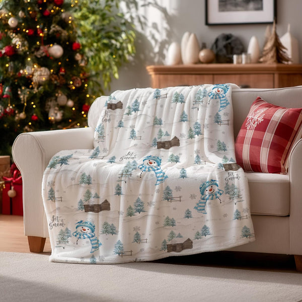 Christmas Flannel Blanket Throw, Blue Snowman Pine Snow Soft Fuzzy Plush Cozy Fleece Blankets