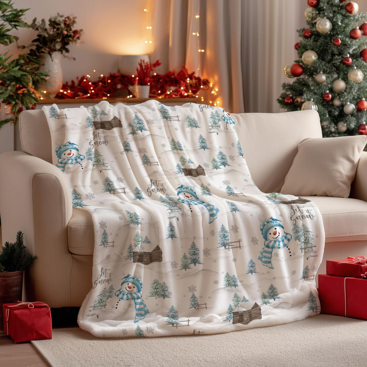Christmas Flannel Blanket Throw, Blue Snowman Pine Snow Soft Fuzzy Plush Cozy Fleece Blankets