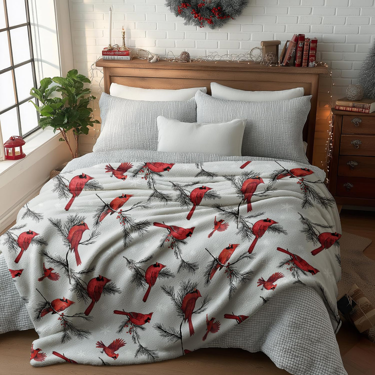 Christmas Flannel Blanket Throw, Cardinal Bird Pine Cone Soft Fuzzy Plush Cozy Fleece Blankets