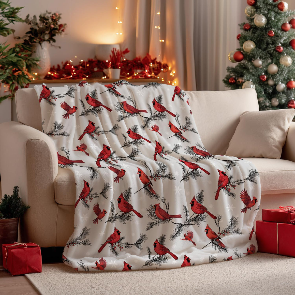 Christmas Flannel Blanket Throw, Cardinal Bird Pine Cone Soft Fuzzy Plush Cozy Fleece Blankets