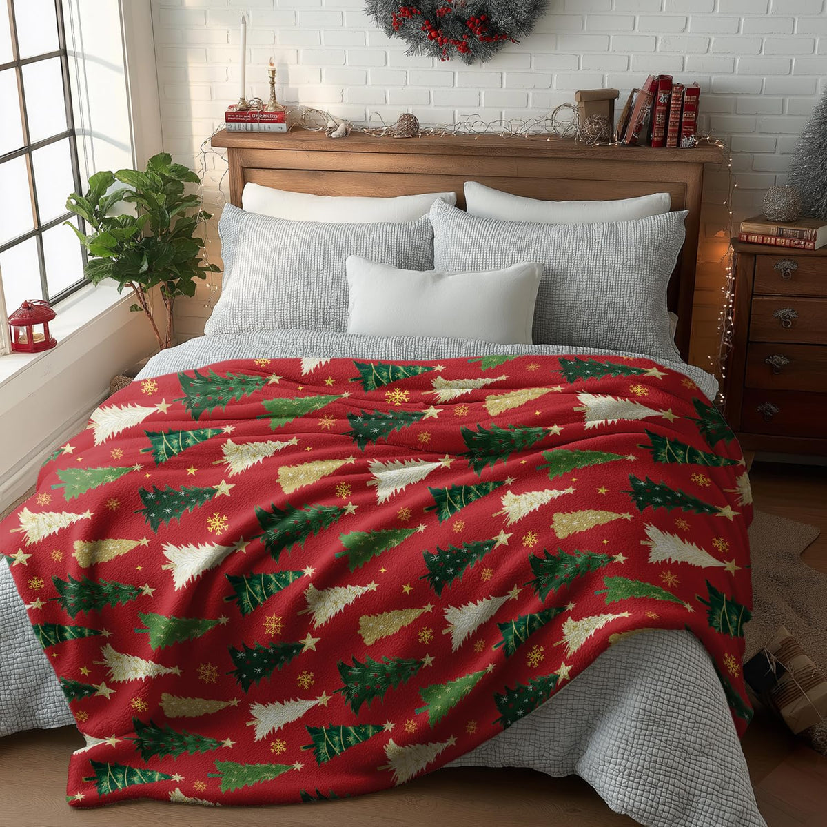 Christmas Flannel Blanket Throw, Christmas Red Tree Soft Fuzzy Plush Cozy Fleece Blankets