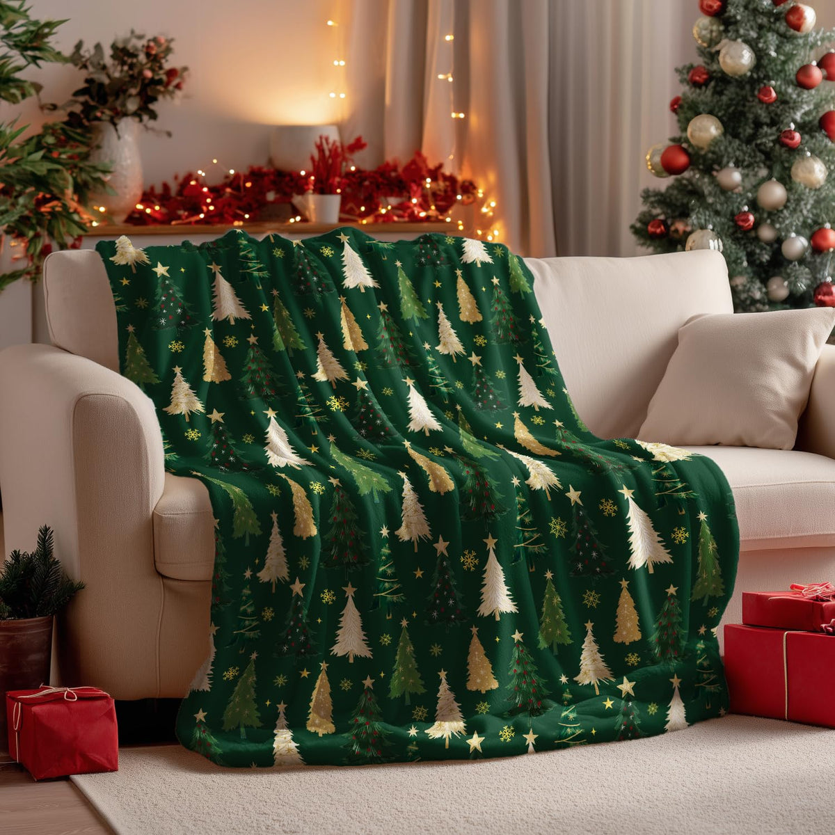 Christmas Flannel Blanket Throw, Christmas Green Tree Soft Fuzzy Plush Cozy Fleece Blankets