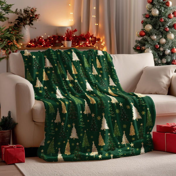 Christmas Flannel Blanket Throw, Christmas Green Tree Soft Fuzzy Plush Cozy Fleece Blankets