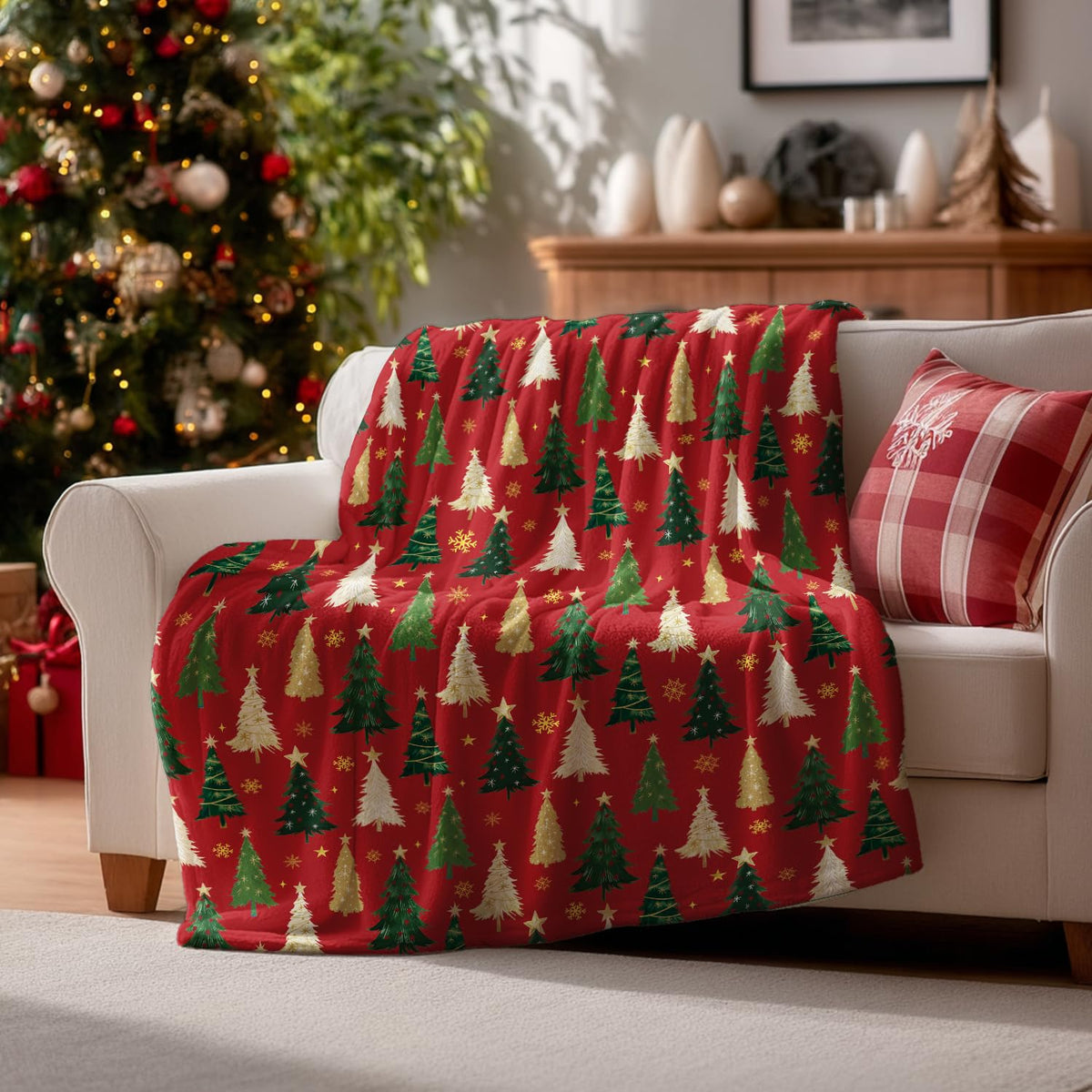 Christmas Flannel Blanket Throw, Christmas Red Tree Soft Fuzzy Plush Cozy Fleece Blankets