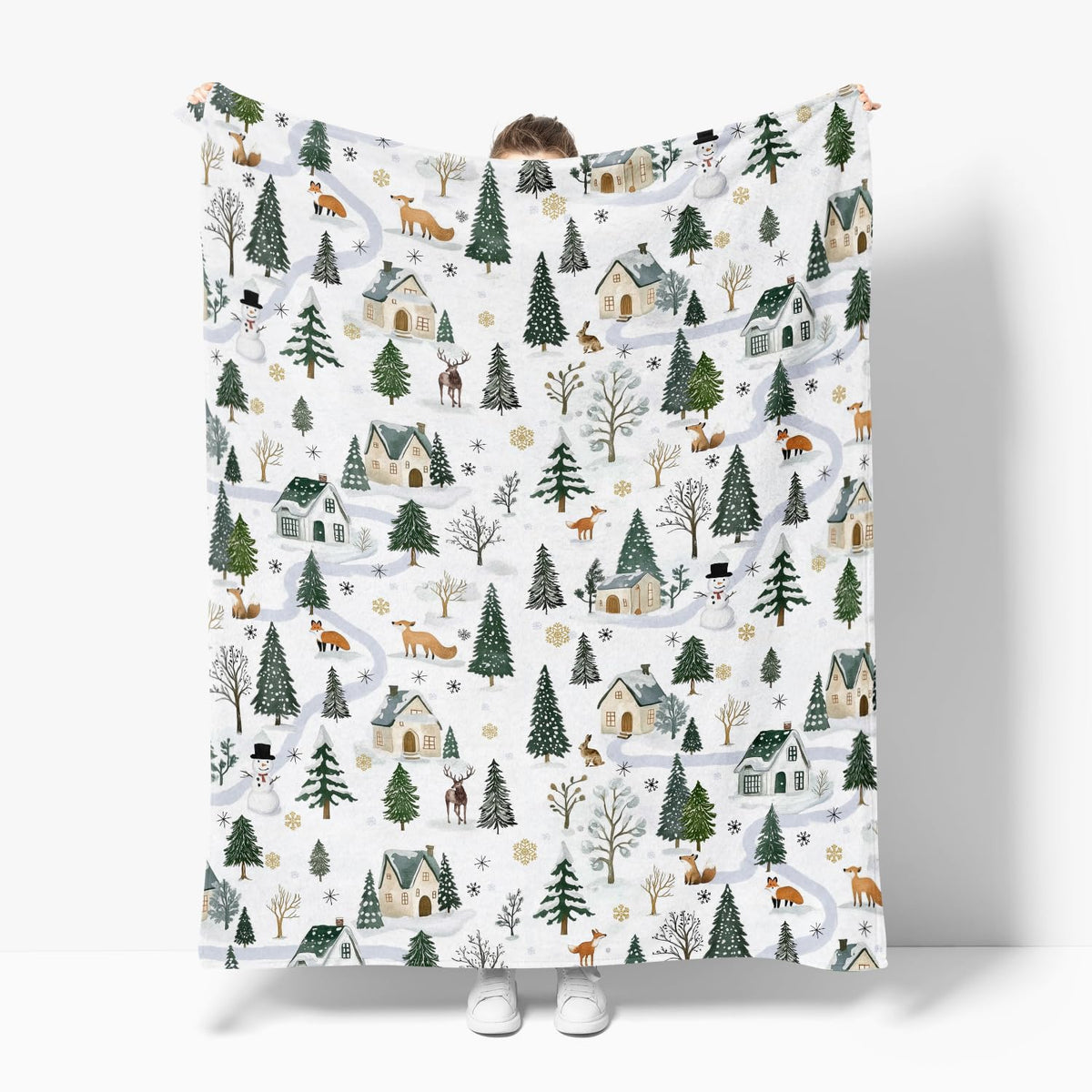 Christmas Flannel Blanket Throw, Christmas Trees Animals Snow House Soft Fuzzy Plush Cozy Fleece Blankets