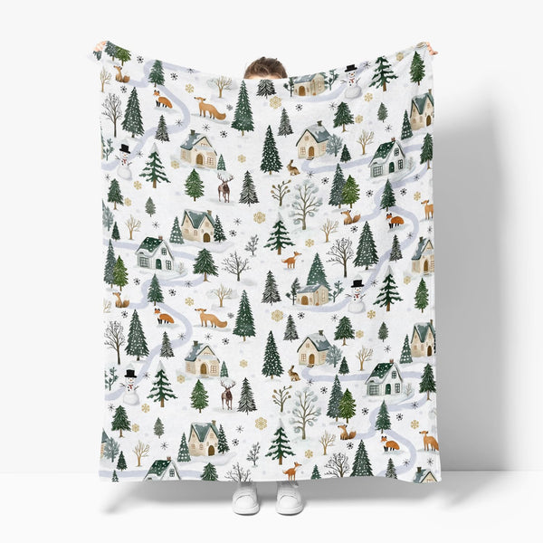 Christmas Flannel Blanket Throw, Christmas Trees Animals Snow House Soft Fuzzy Plush Cozy Fleece Blankets