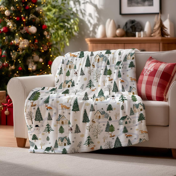 Christmas Flannel Blanket Throw, Christmas Trees Animals Snow House Soft Fuzzy Plush Cozy Fleece Blankets