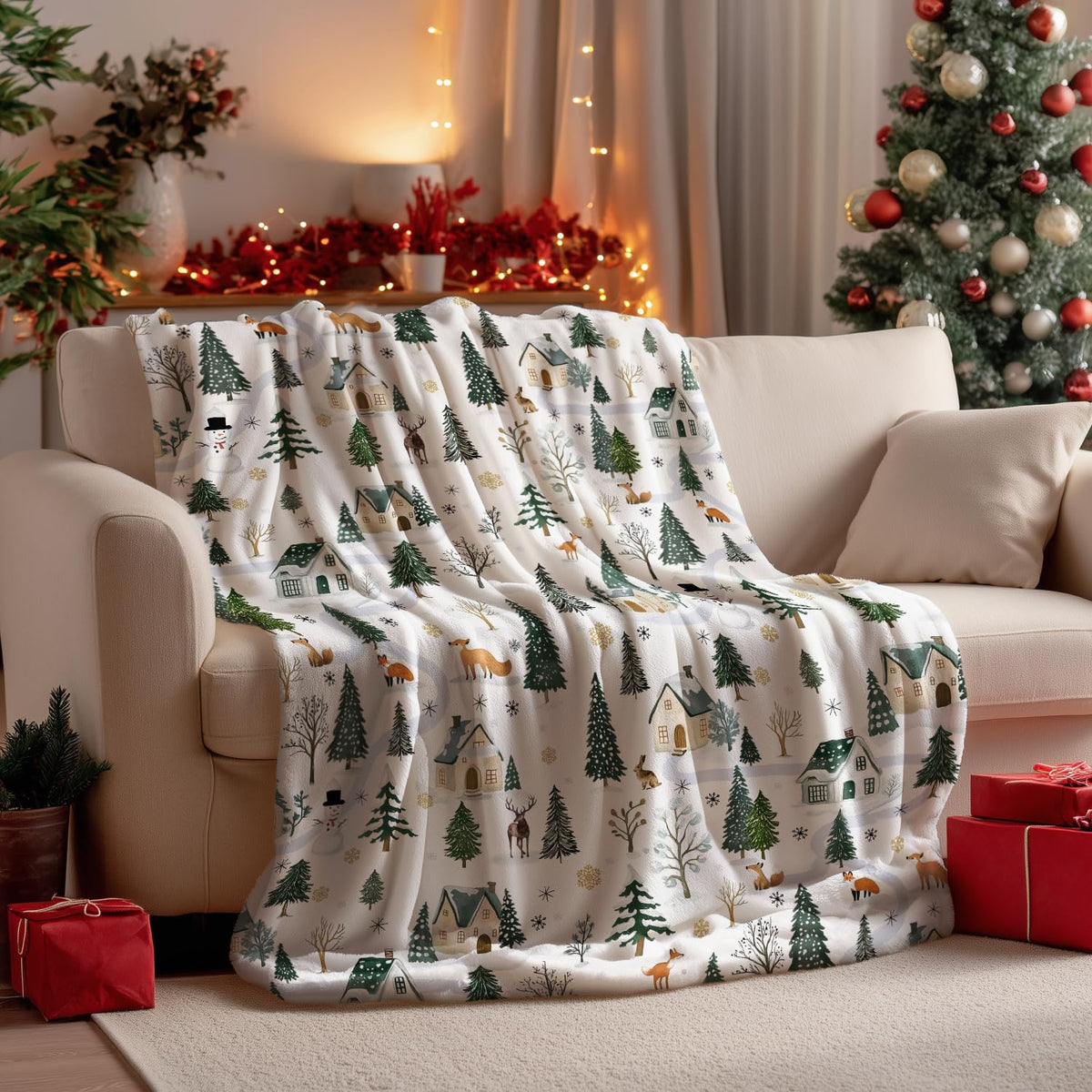 Christmas Flannel Blanket Throw, Christmas Trees Animals Snow House Soft Fuzzy Plush Cozy Fleece Blankets