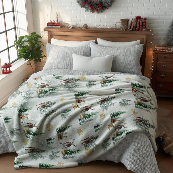 Christmas Flannel Blanket Throw, Christmas Trees Reindeer Snow Soft Fuzzy Plush Cozy Fleece Blankets