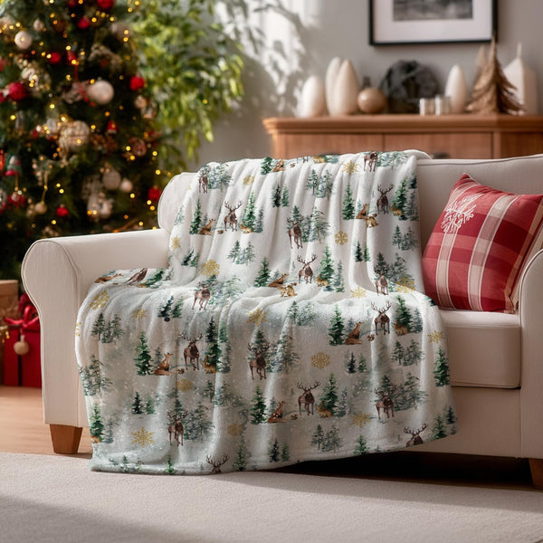 Christmas Flannel Blanket Throw, Christmas Trees Reindeer Snow Soft Fuzzy Plush Cozy Fleece Blankets