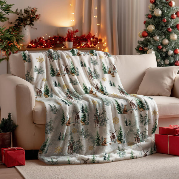 Christmas Flannel Blanket Throw, Christmas Trees Reindeer Snow Soft Fuzzy Plush Cozy Fleece Blankets