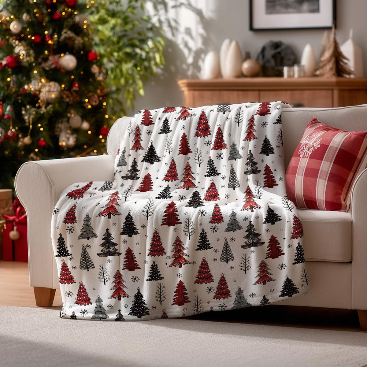 Christmas Flannel Blanket Throw, Christmas Trees Buffalo Plaid Dots Soft Fuzzy Plush Cozy Fleece Blankets