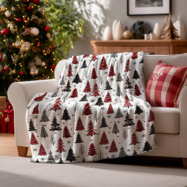 Christmas Flannel Blanket Throw, Christmas Trees Buffalo Plaid Dots Soft Fuzzy Plush Cozy Fleece Blankets