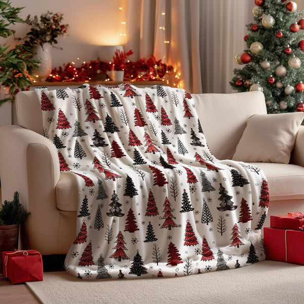 Christmas Flannel Blanket Throw, Christmas Trees Buffalo Plaid Dots Soft Fuzzy Plush Cozy Fleece Blankets