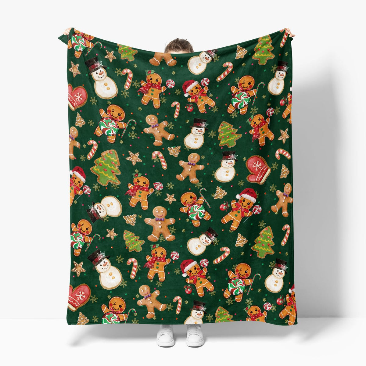Christmas Flannel Blanket Throw, Green Gingerbread Man Christmas Bear Soft Fuzzy Plush Cozy Fleece Blankets