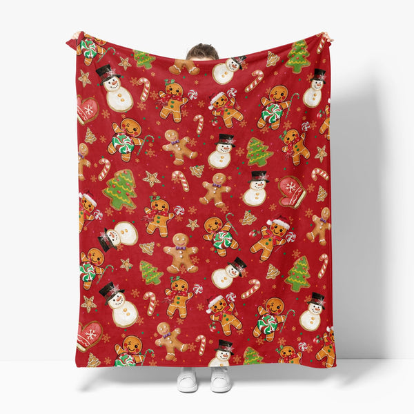 Christmas Flannel Blanket Throw, Red Gingerbread Man Christmas Bear Soft Fuzzy Plush Cozy Fleece Blankets