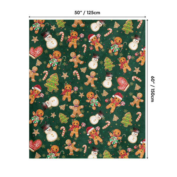 Christmas Flannel Blanket Throw, Green Gingerbread Man Christmas Bear Soft Fuzzy Plush Cozy Fleece Blankets