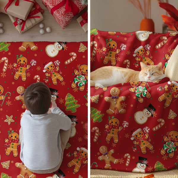 Christmas Flannel Blanket Throw, Red Gingerbread Man Christmas Bear Soft Fuzzy Plush Cozy Fleece Blankets