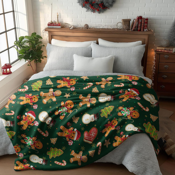 Christmas Flannel Blanket Throw, Green Gingerbread Man Christmas Bear Soft Fuzzy Plush Cozy Fleece Blankets