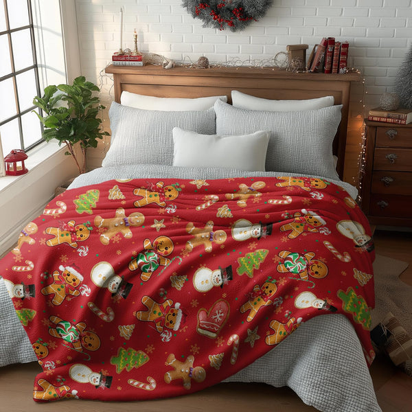 Christmas Flannel Blanket Throw, Red Gingerbread Man Christmas Bear Soft Fuzzy Plush Cozy Fleece Blankets