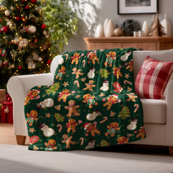 Christmas Flannel Blanket Throw, Green Gingerbread Man Christmas Bear Soft Fuzzy Plush Cozy Fleece Blankets