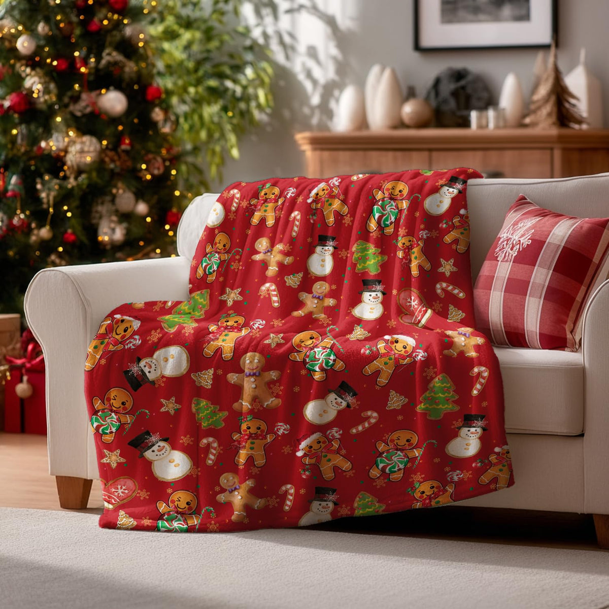 Christmas Flannel Blanket Throw, Red Gingerbread Man Christmas Bear Soft Fuzzy Plush Cozy Fleece Blankets