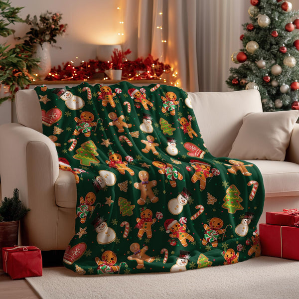Christmas Flannel Blanket Throw, Green Gingerbread Man Christmas Bear Soft Fuzzy Plush Cozy Fleece Blankets