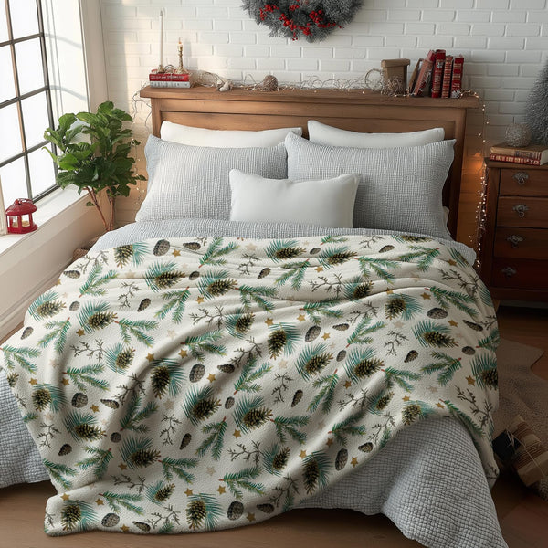 Christmas Flannel Blanket Throw, Holly Pine Cone Soft Fuzzy Plush Cozy Fleece Blankets