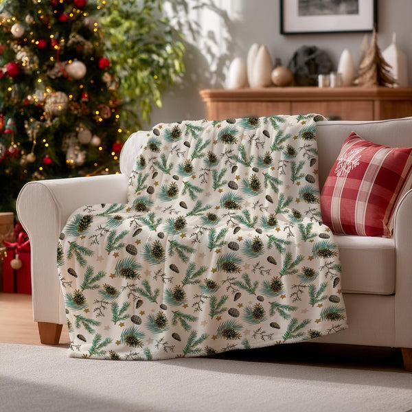 Christmas Flannel Blanket Throw, Holly Pine Cone Soft Fuzzy Plush Cozy Fleece Blankets
