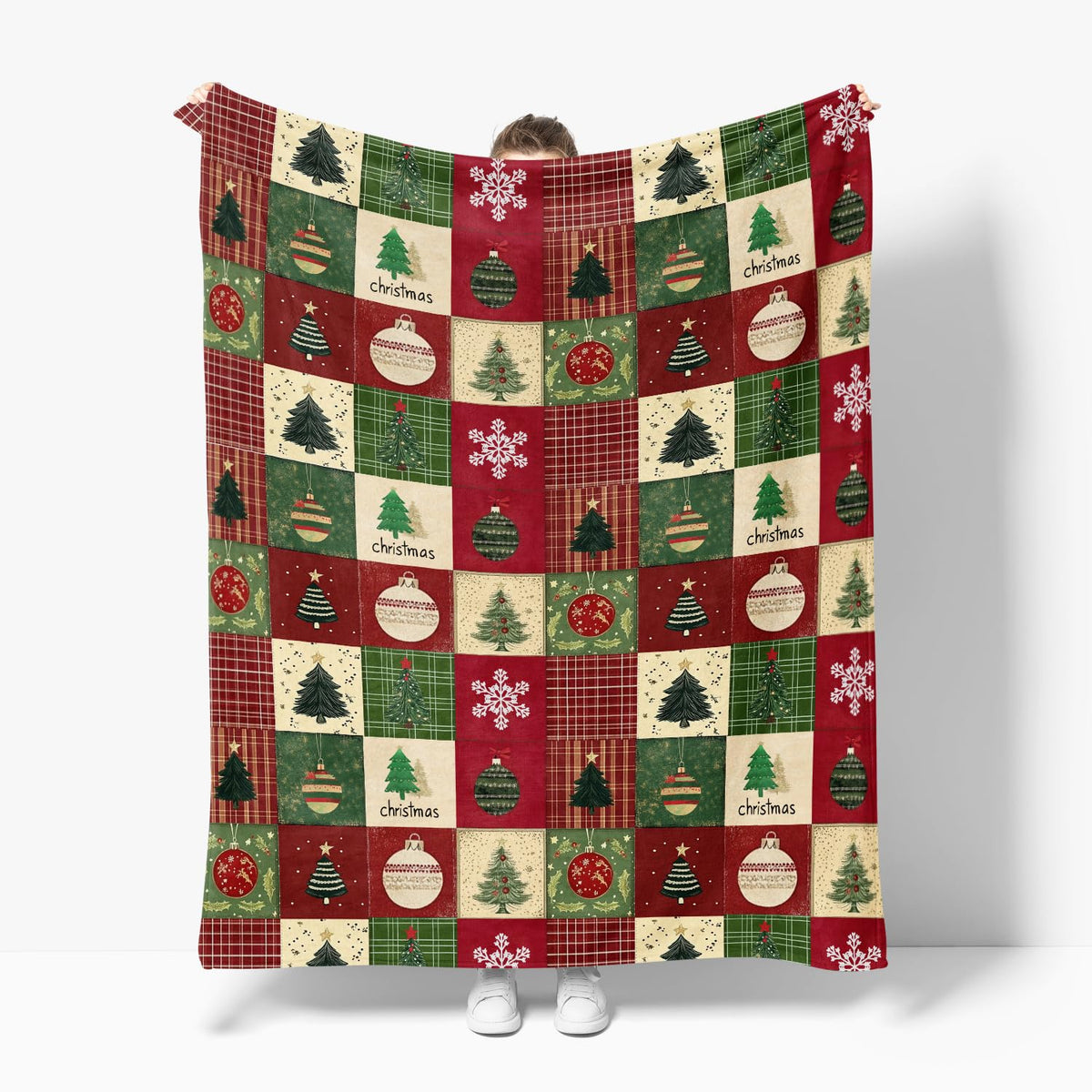 Christmas Flannel Blanket Throw, Red Green Checkered Tree Snow Ornaments Soft Fuzzy Plush Cozy Fleece Blankets